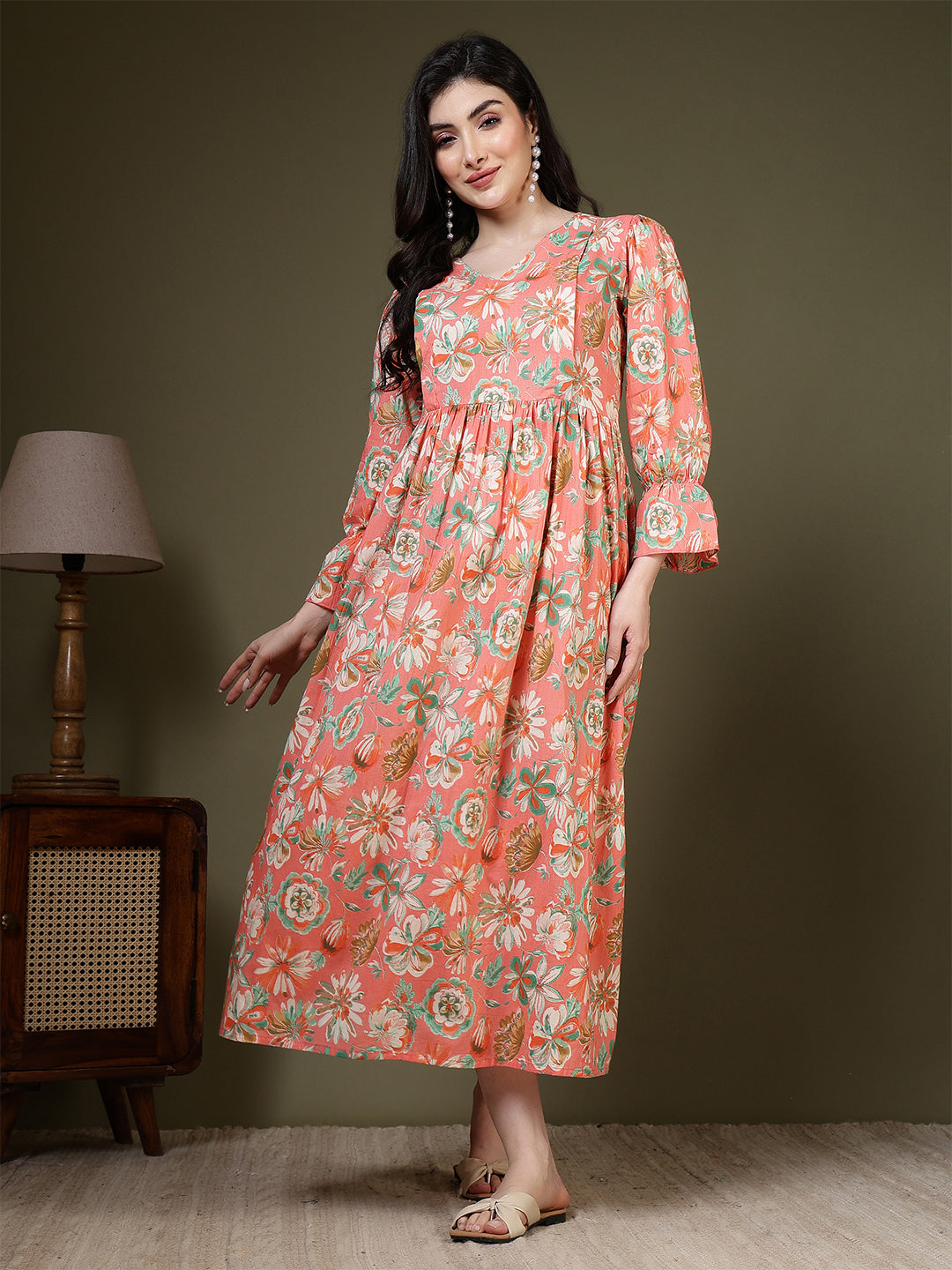 Peach Floral Printed Dress for Women | LASVINI - Redefining Indian Fashion with Elegance
