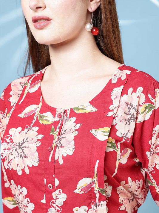 Red Floral Printed Dress fro Women | LASVINI - Redefining Indian Fashion with Elegance