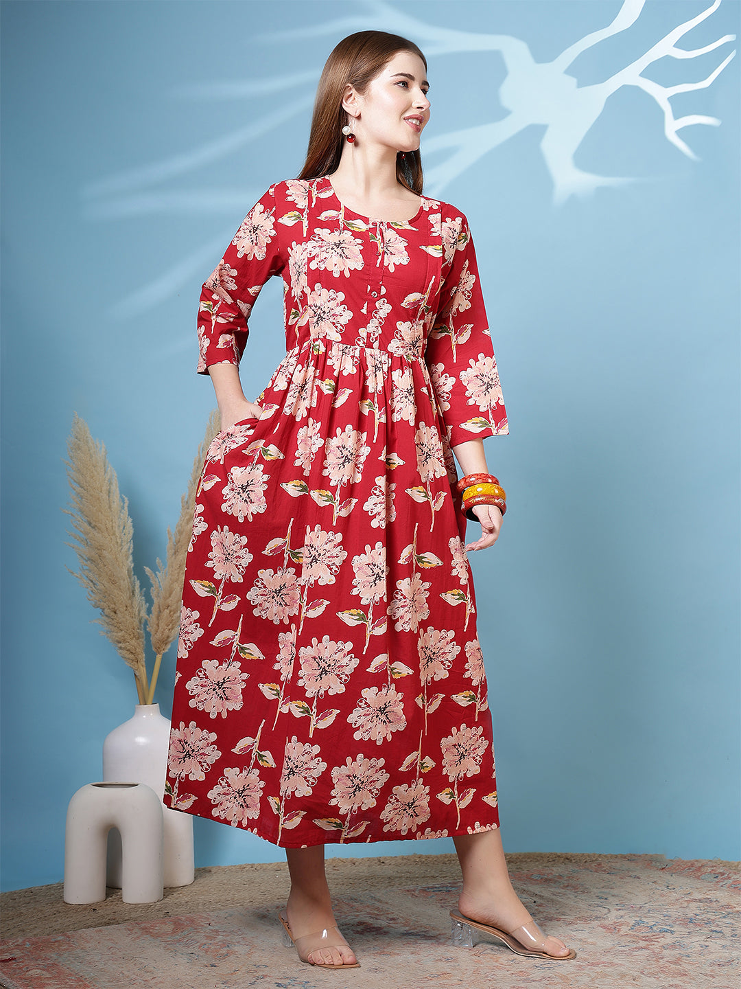 Red Floral Printed Dress fro Women | LASVINI - Redefining Indian Fashion with Elegance