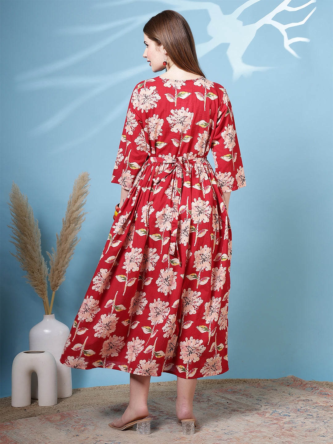 Red Floral Printed Dress fro Women | LASVINI - Redefining Indian Fashion with Elegance