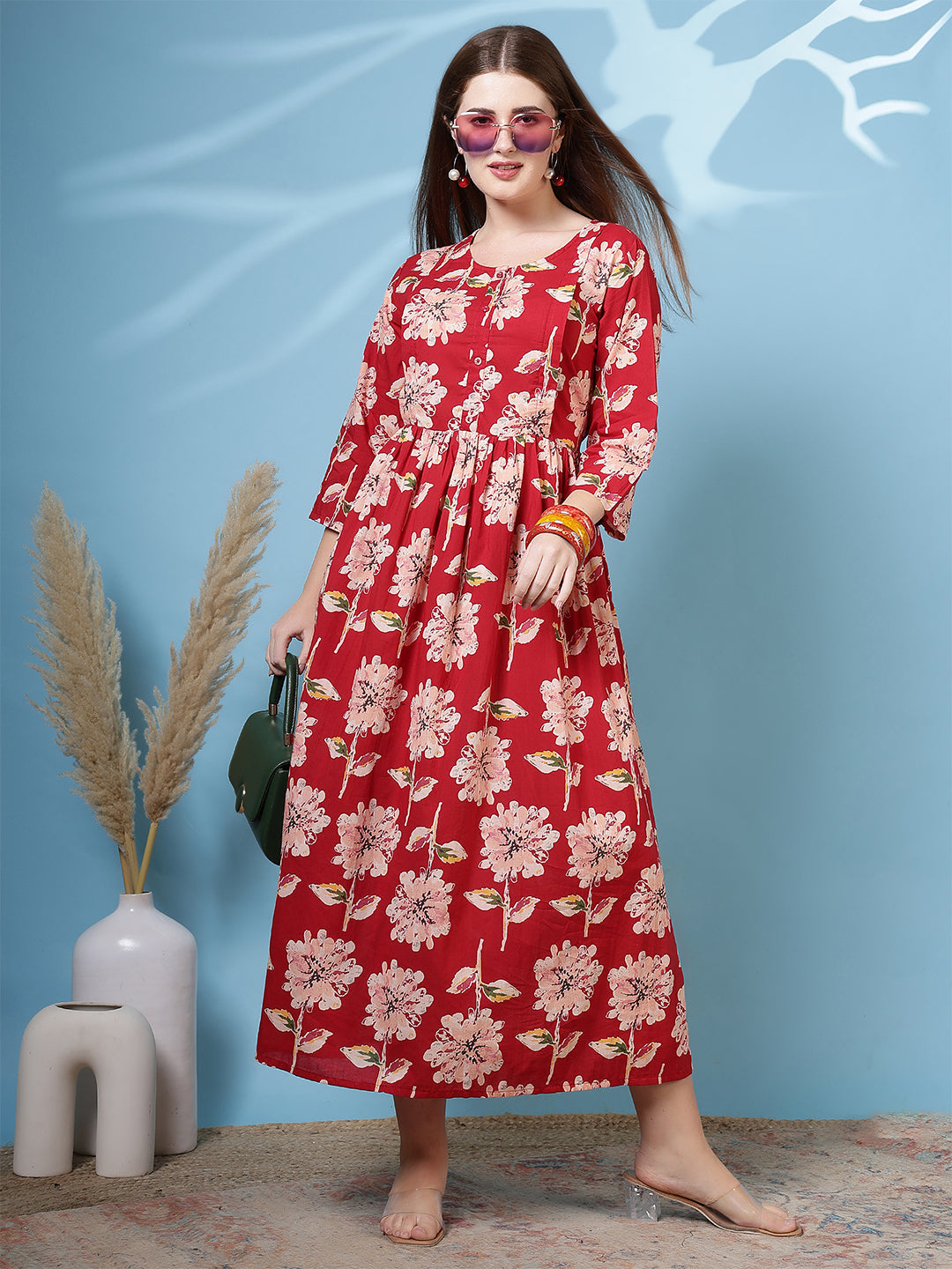 Red Floral Printed Dress fro Women | LASVINI - Redefining Indian Fashion with Elegance