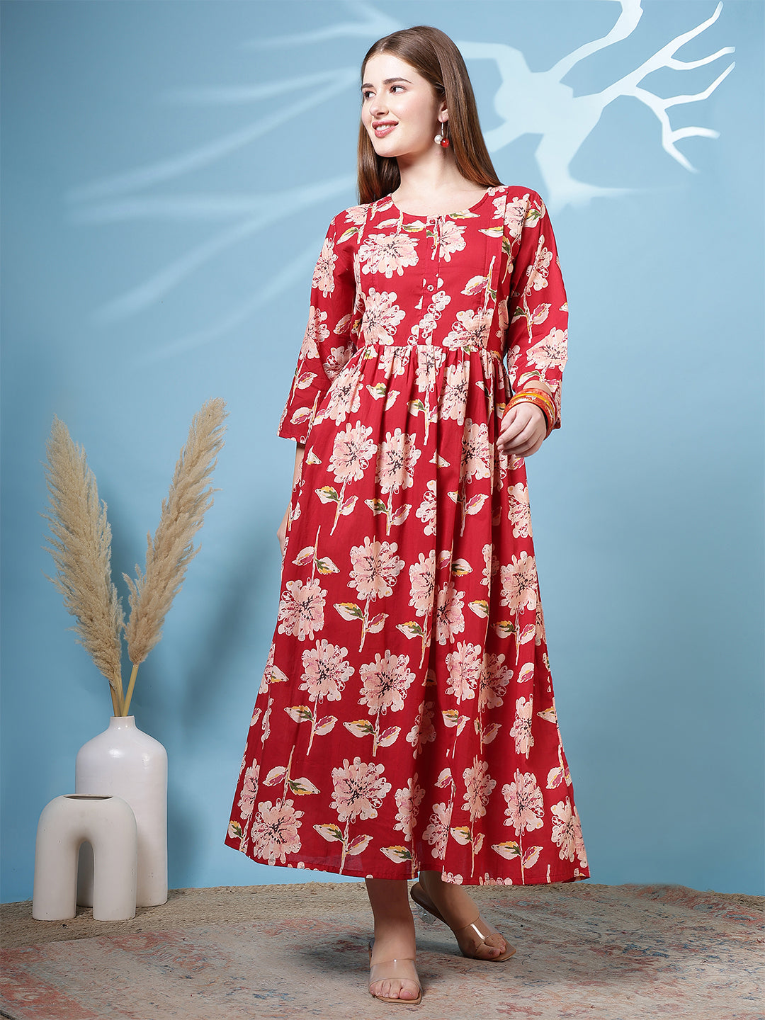Red Floral Printed Dress fro Women | LASVINI - Redefining Indian Fashion with Elegance