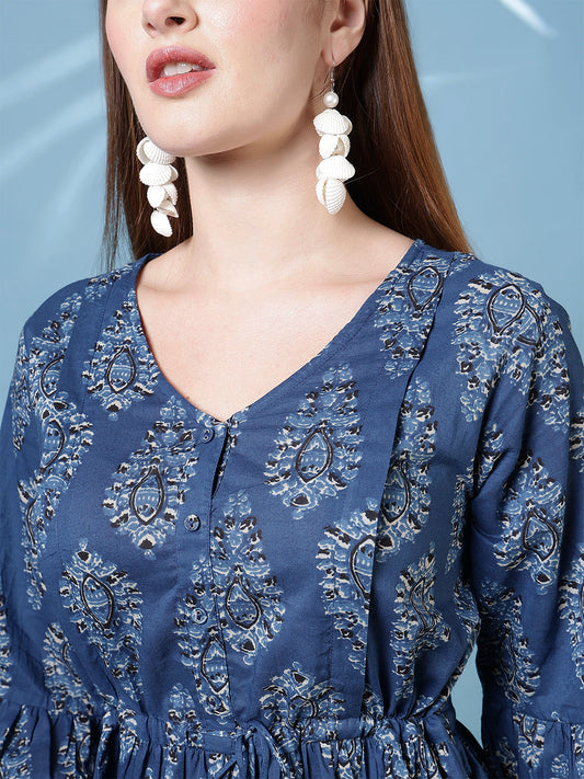 Blue Printed Dress fro Women | LASVINI - Redefining Indian Fashion with Elegance