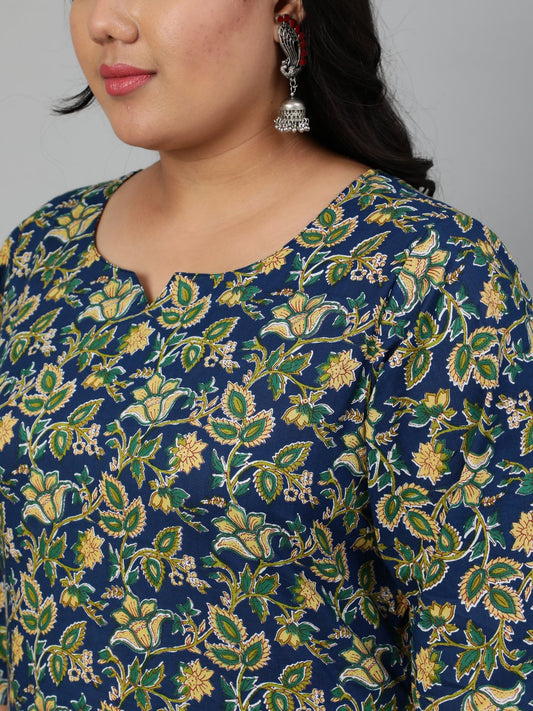 Women Navy Blue & Yellow Floral Printed Straight Kurta With Plazo & Dupatta | LASVINI - Redefining Indian Fashion with Elegance