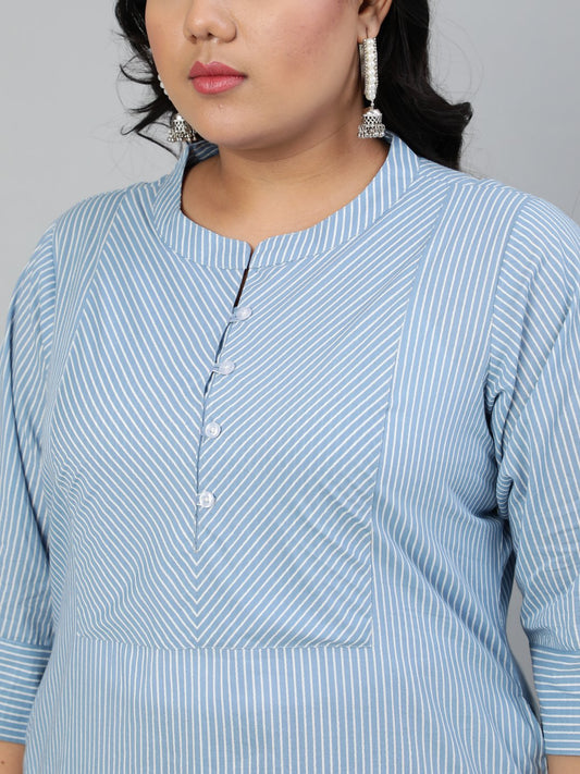 Women Blue & Off-White Striped Straight Kurta With Round Neck & Three Quarters Sleeves | LASVINI - Redefining Indian Fashion with Elegance