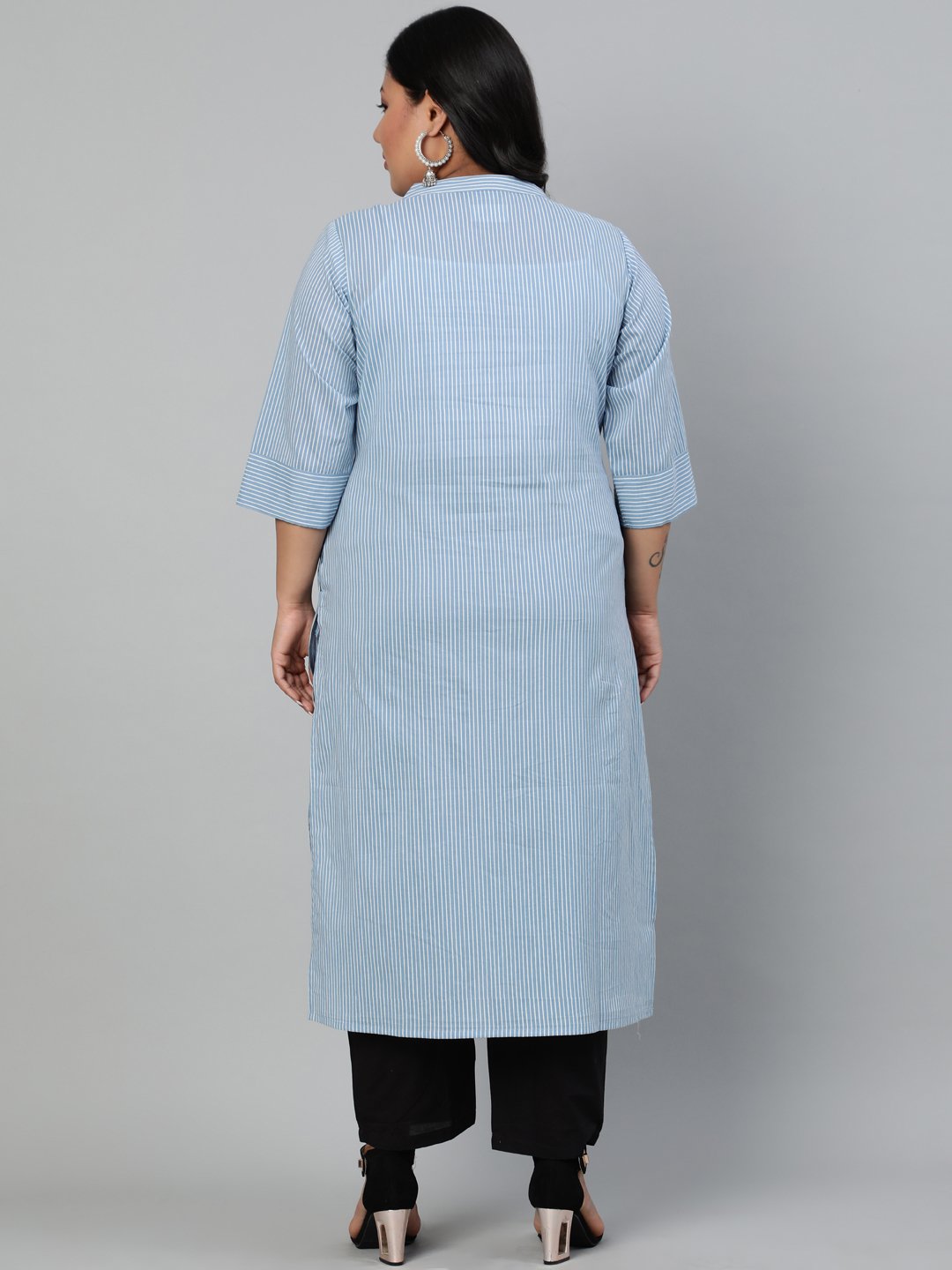 Women Blue & Off-White Striped Straight Kurta With Round Neck & Three Quarters Sleeves | LASVINI - Redefining Indian Fashion with Elegance