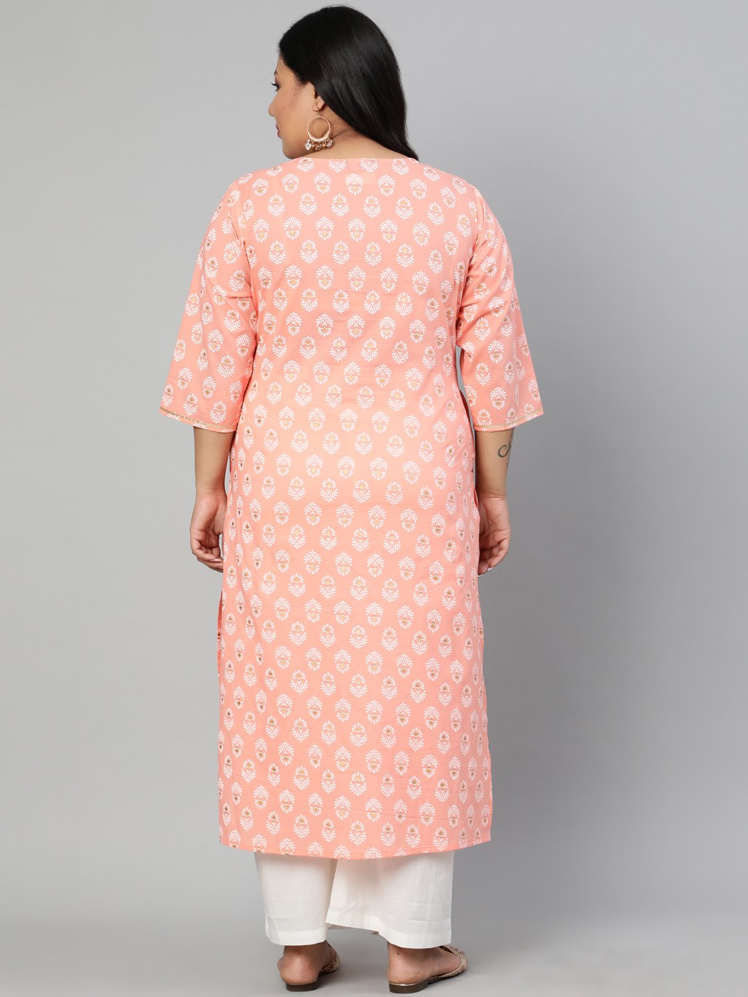Women Peach Printed Straight Kurta With Round Neck & Three Quarters Sleeves | LASVINI - Redefining Indian Fashion with Elegance