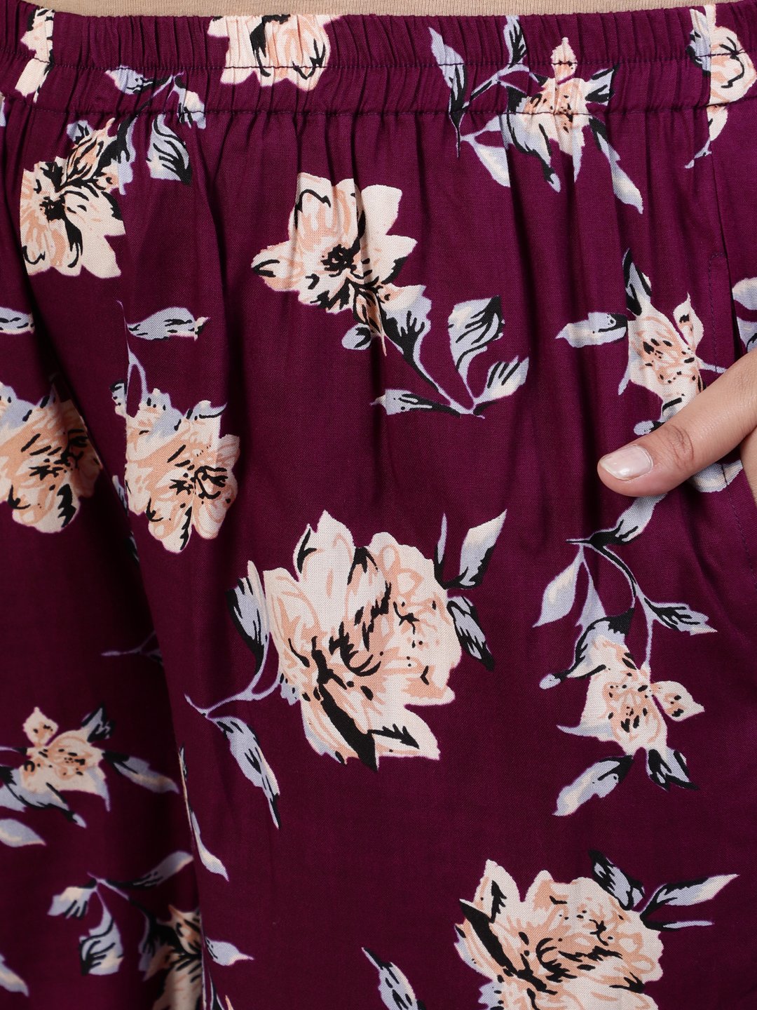 Plus Size Women Burgundy Floral Printed Night Suit With Half Sleeves | LASVINI - Redefining Indian Fashion with Elegance