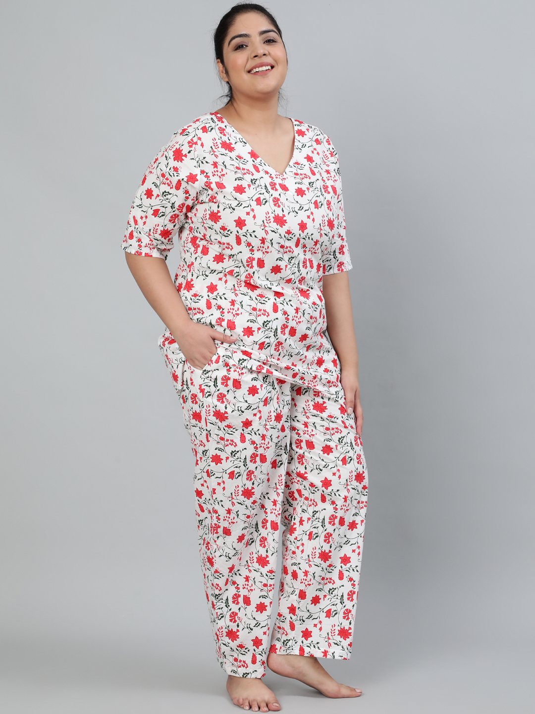 Plus Size Women Off-White Floral Printed Night Suit With Half Sleeves | LASVINI - Redefining Indian Fashion with Elegance