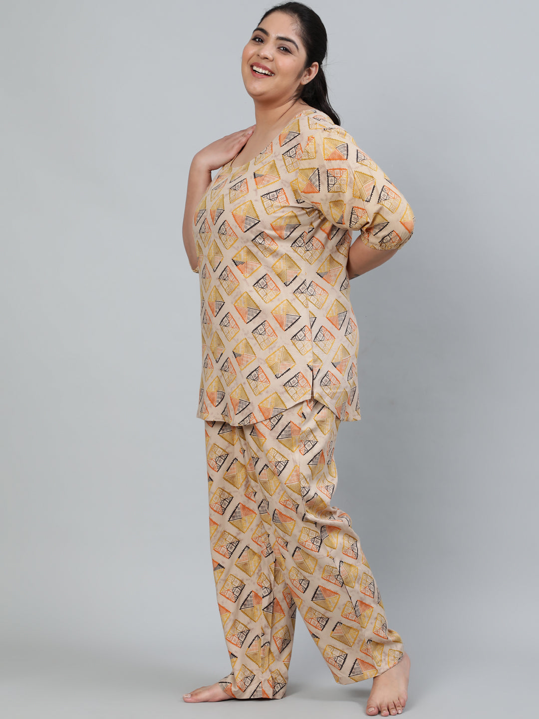 Plus Size Women Beige Printed Night Suit With Half Sleeves | LASVINI - Redefining Indian Fashion with Elegance