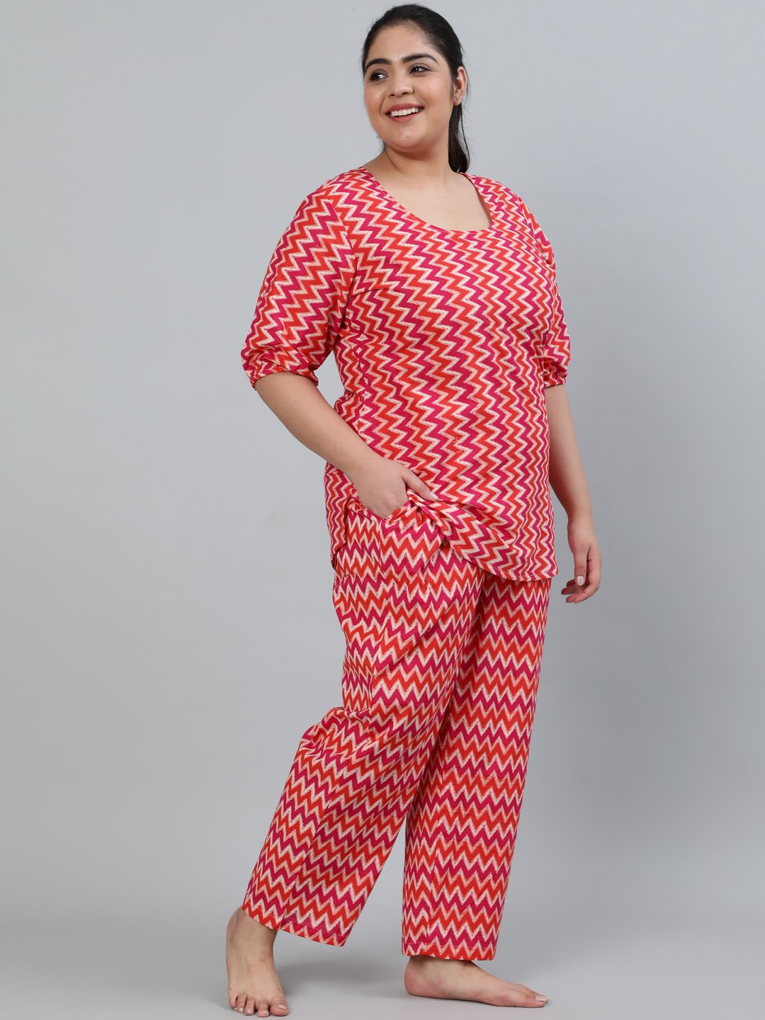 Plus Size Women Pink Printed Night Suit With Half Sleeves | LASVINI - Redefining Indian Fashion with Elegance