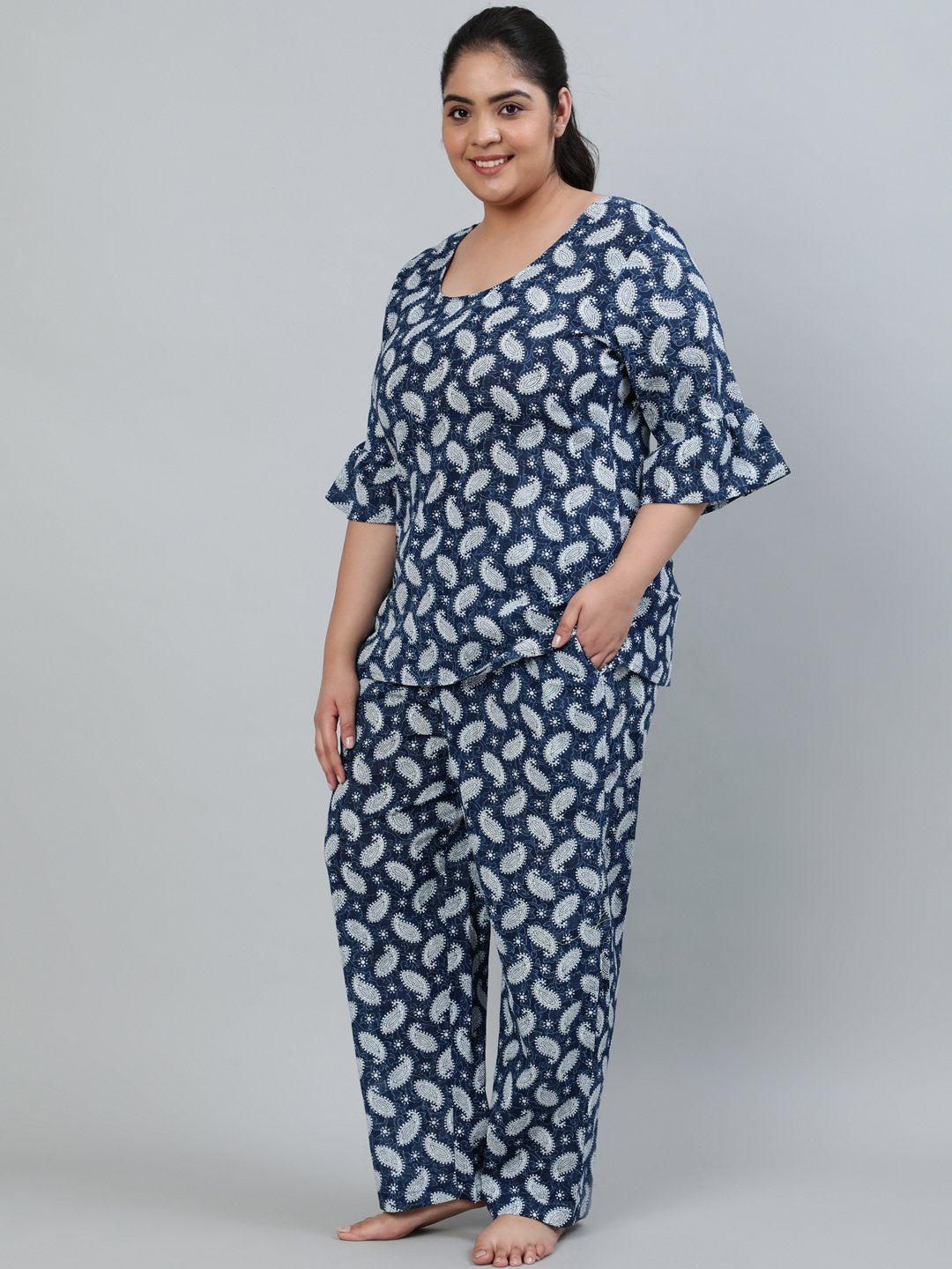 Plus Size Women Blue Printed Night Suit With Half Sleeves | LASVINI - Redefining Indian Fashion with Elegance