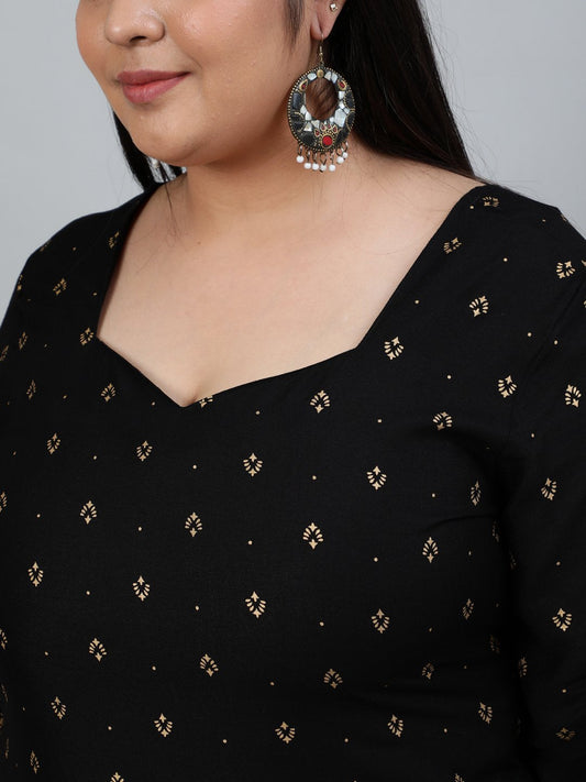 Plus Size Women Black & Gold Printed Staright Kurta With Three Quarter Sleeves | LASVINI - Redefining Indian Fashion with Elegance