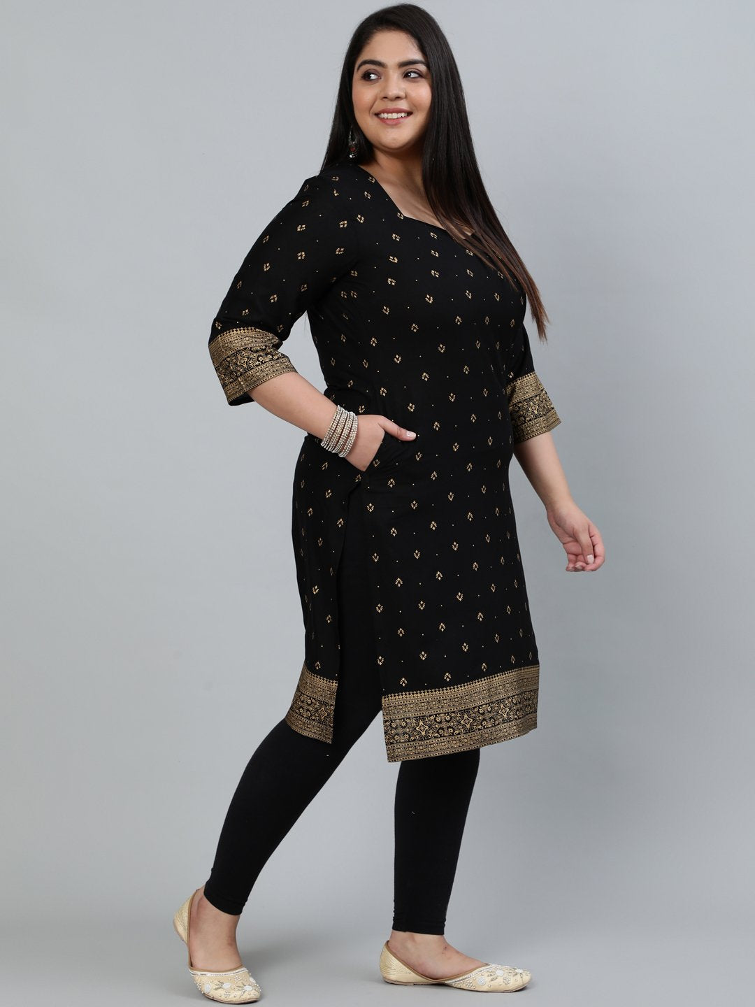 Plus Size Women Black & Gold Printed Staright Kurta With Three Quarter Sleeves | LASVINI - Redefining Indian Fashion with Elegance