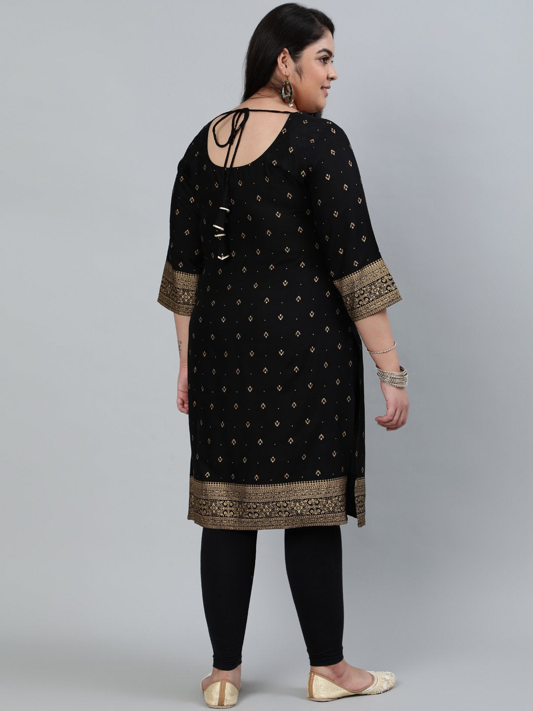 Plus Size Women Black & Gold Printed Staright Kurta With Three Quarter Sleeves | LASVINI - Redefining Indian Fashion with Elegance