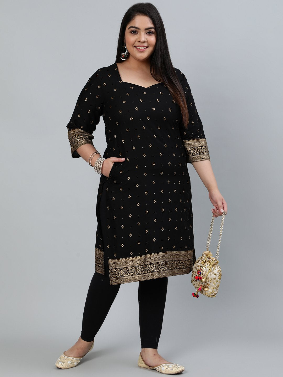 Plus Size Women Black & Gold Printed Staright Kurta With Three Quarter Sleeves | LASVINI - Redefining Indian Fashion with Elegance