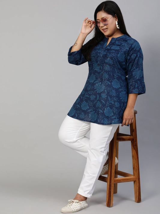 Women Navy Blue Printed Tunic With Three Quarter Sleeves | LASVINI - Redefining Indian Fashion with Elegance