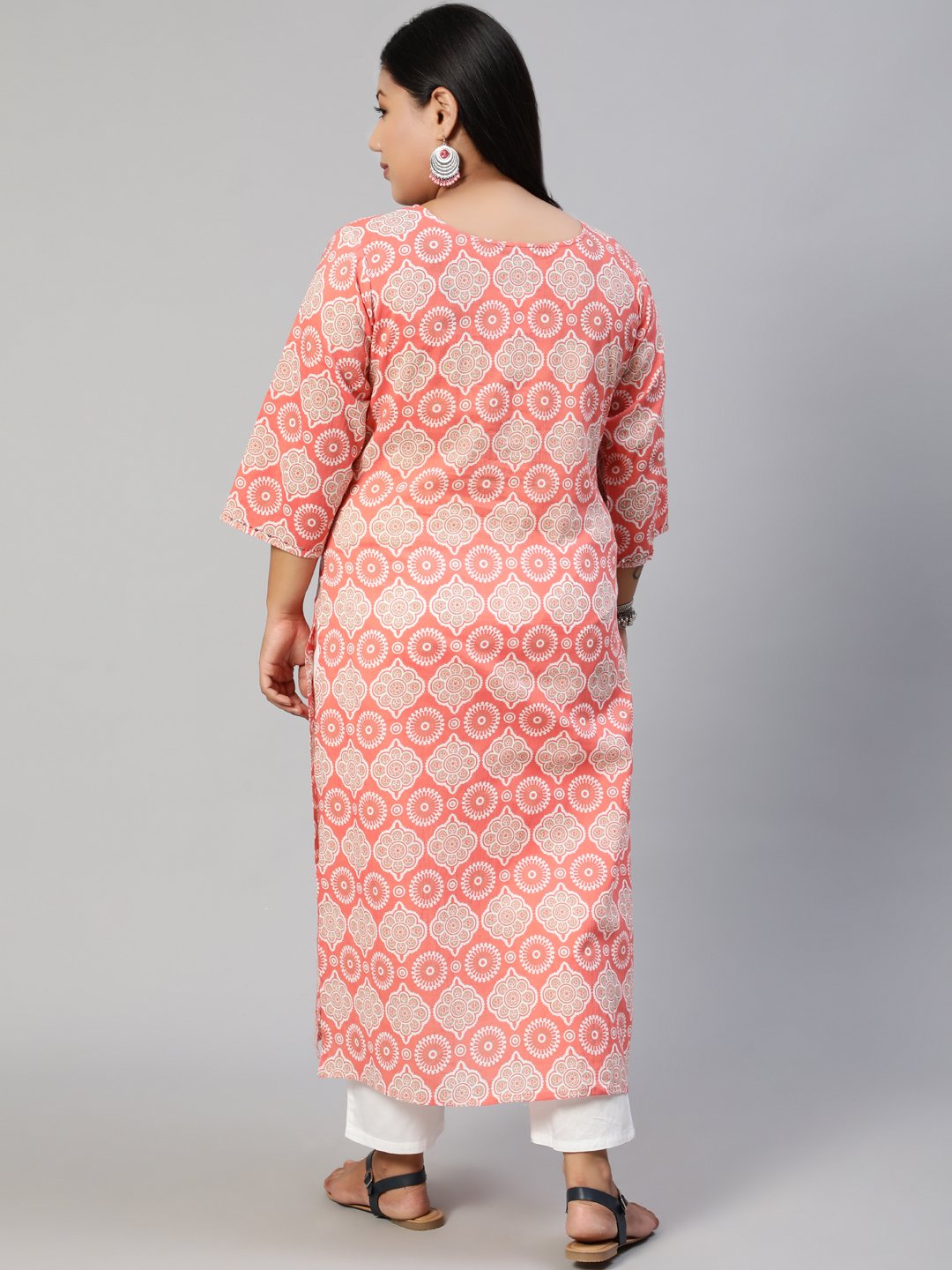 Women Pink Hand Work Printed Straight Kurta With Three Quarter Sleeves | LASVINI - Redefining Indian Fashion with Elegance