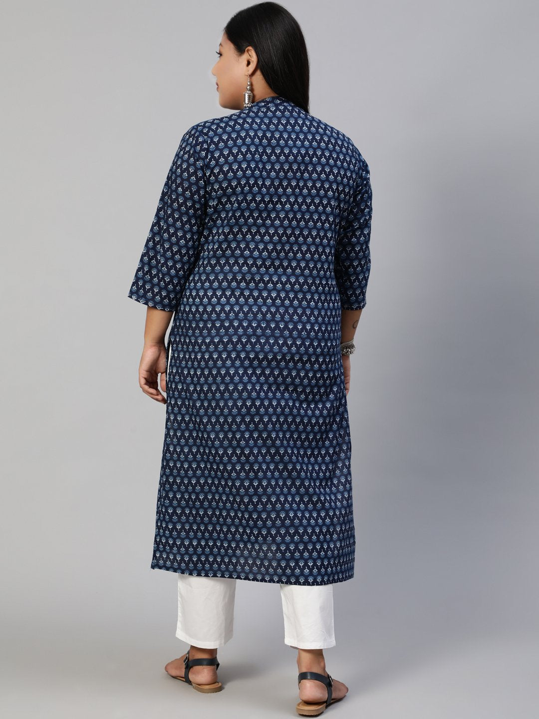 Women Blue Hand Work Printed Straight Kurta With Three Quarter Sleeves | LASVINI - Redefining Indian Fashion with Elegance