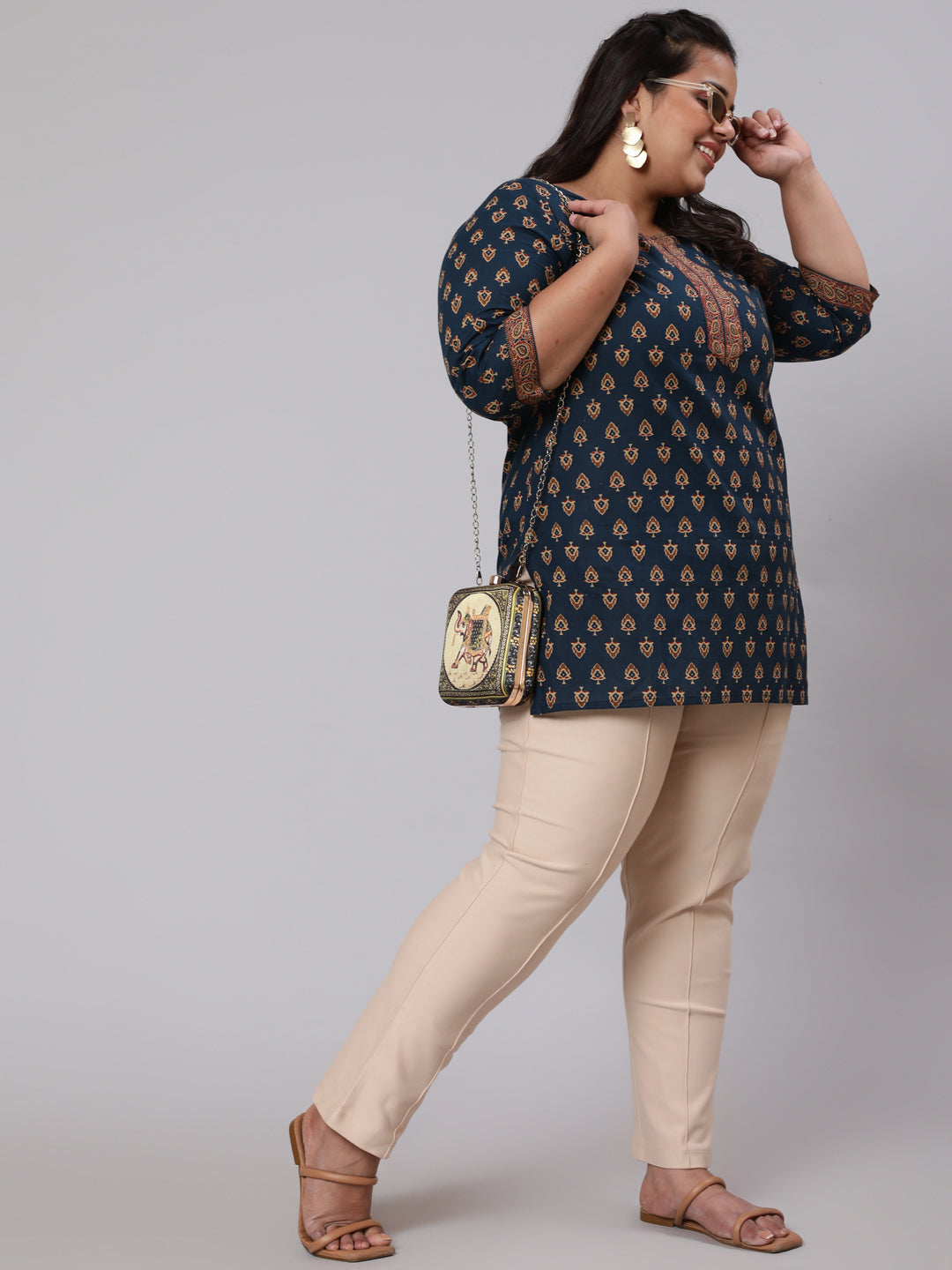 Women Plus Size Navy Blue Tunic With Three Quarter Sleeves | LASVINI - Redefining Indian Fashion with Elegance
