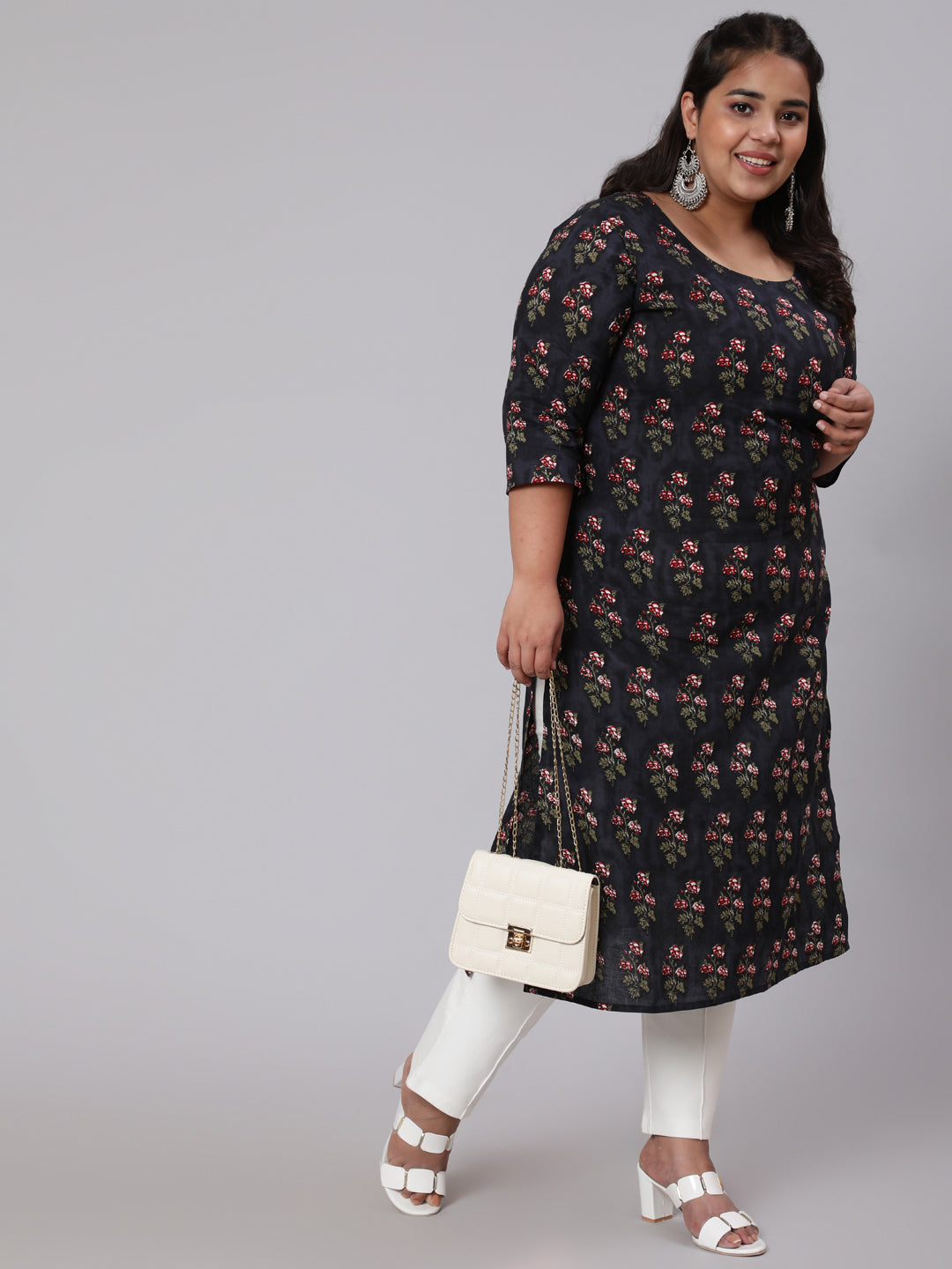 Women Plus Size Black Ethnic Printed Straight Kurta | LASVINI - Redefining Indian Fashion with Elegance