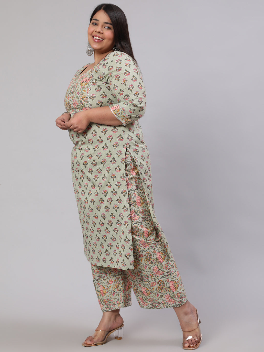 Women Plus Size Green Printed Kurta And Palazzo With Dupatta | LASVINI - Redefining Indian Fashion with Elegance