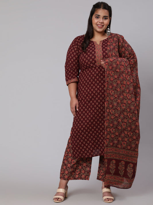 Women Plus Size Burgundy Printed Straight Kurta With Plazo & Dupatta | LASVINI - Redefining Indian Fashion with Elegance