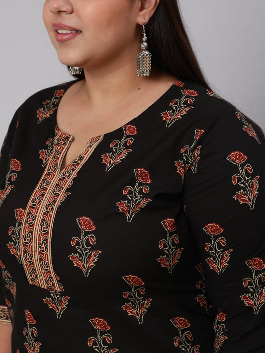 Women Plus Size Black Printed Straight Kurta With Plazo & Dupatta | LASVINI - Redefining Indian Fashion with Elegance