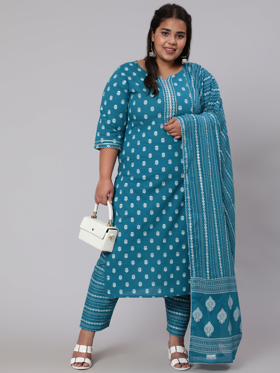 Women Plus Size Blue Printed Straight Kurta With Palazo & Dupatta | LASVINI - Redefining Indian Fashion with Elegance