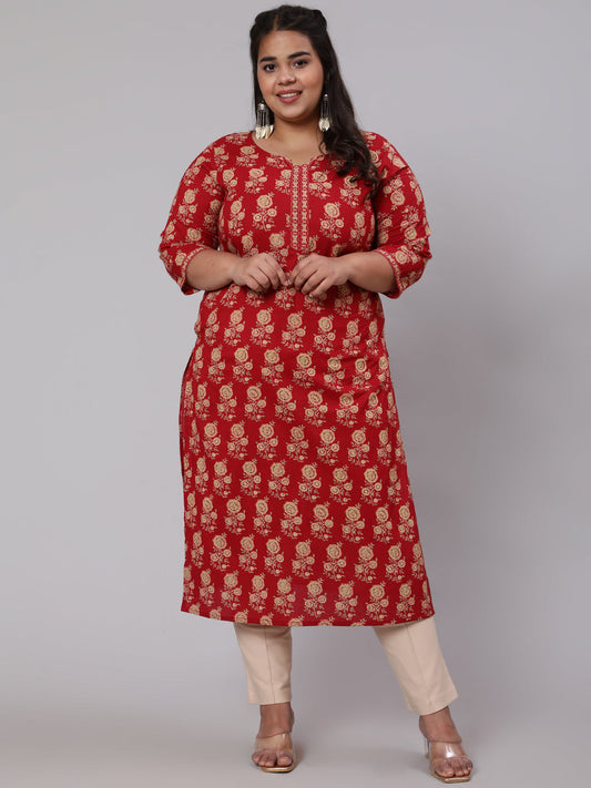 Plus Size Women Red & Beige Printed Straight Kurta With Three Quarters Sleeves | LASVINI - Redefining Indian Fashion with Elegance