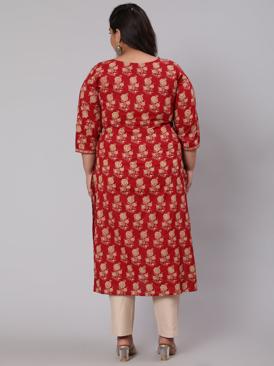Plus Size Women Red & Beige Printed Straight Kurta With Three Quarters Sleeves | LASVINI - Redefining Indian Fashion with Elegance