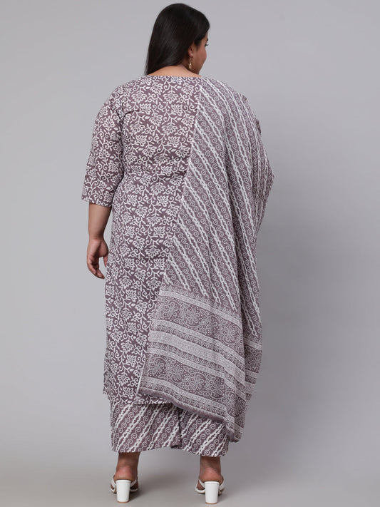 Women Plus Size Grey Printed Kurta And Palazzo With Dupatta | LASVINI - Redefining Indian Fashion with Elegance