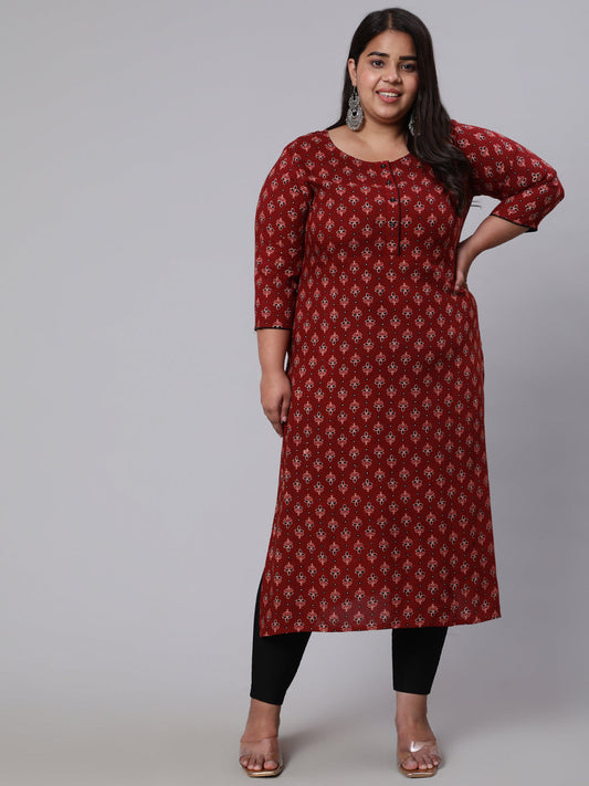 Plus Size Women Maroon Printed Straight Kurta With Three Quarters Sleeves | LASVINI - Redefining Indian Fashion with Elegance
