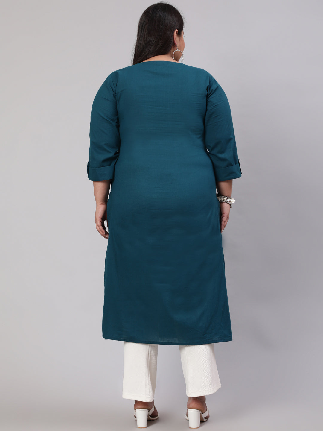 Plus Size Women Teal Blue Printed Straight Kurta With Three Quarters Sleeves | LASVINI - Redefining Indian Fashion with Elegance