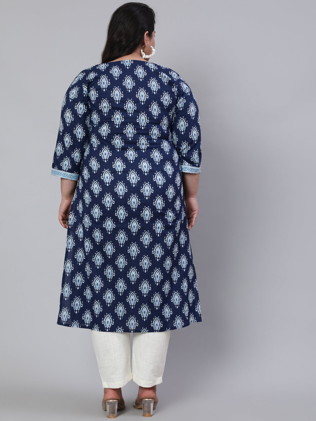 Plus Size Women Blue Printed Straight Kurta With Three Quarters Sleeves | LASVINI - Redefining Indian Fashion with Elegance
