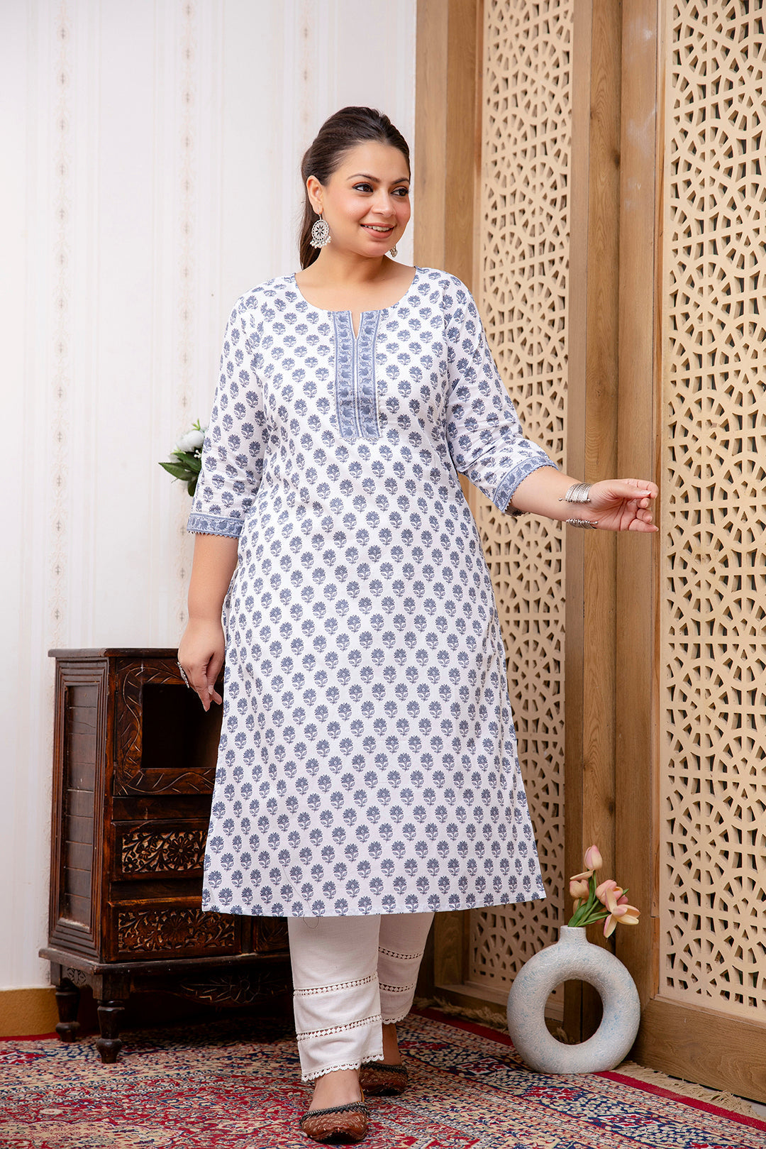 Plus Size White Printed Straight Kurta For Women | LASVINI - Redefining Indian Fashion with Elegance