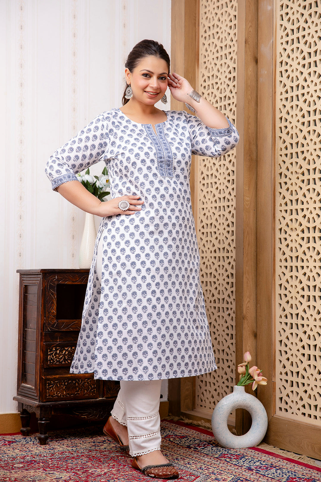Plus Size White Printed Straight Kurta For Women | LASVINI - Redefining Indian Fashion with Elegance
