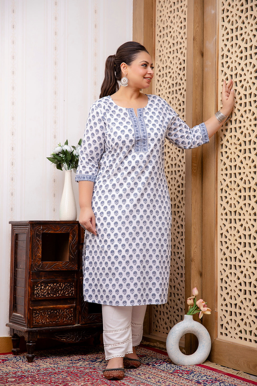 Plus Size White Printed Straight Kurta For Women | LASVINI - Redefining Indian Fashion with Elegance