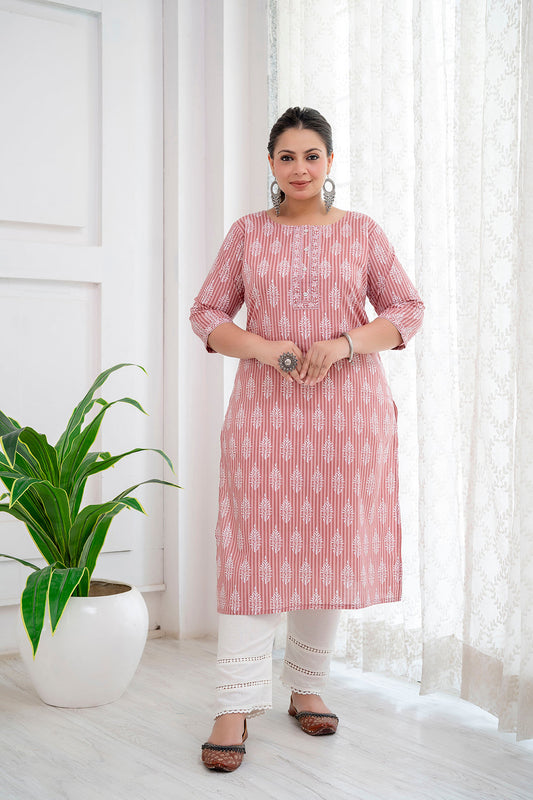 Plus Size Pink Printed Straight Kurta For Women | LASVINI - Redefining Indian Fashion with Elegance