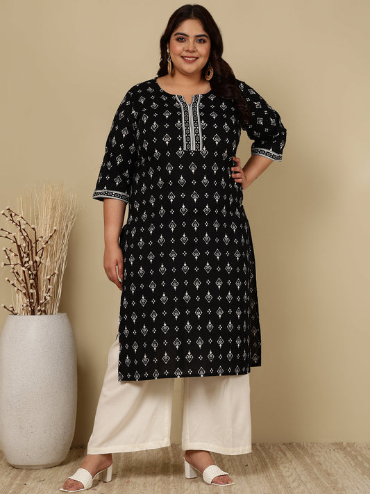 Plus Size Black Printed Straight Kurta For Women | LASVINI - Redefining Indian Fashion with Elegance