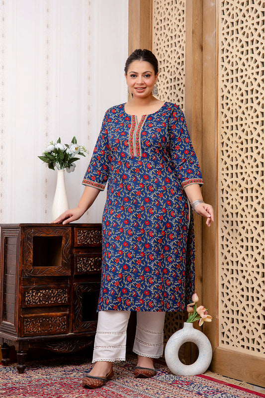 Plus Size Blue Printed Straight Kurta For Women | LASVINI - Redefining Indian Fashion with Elegance