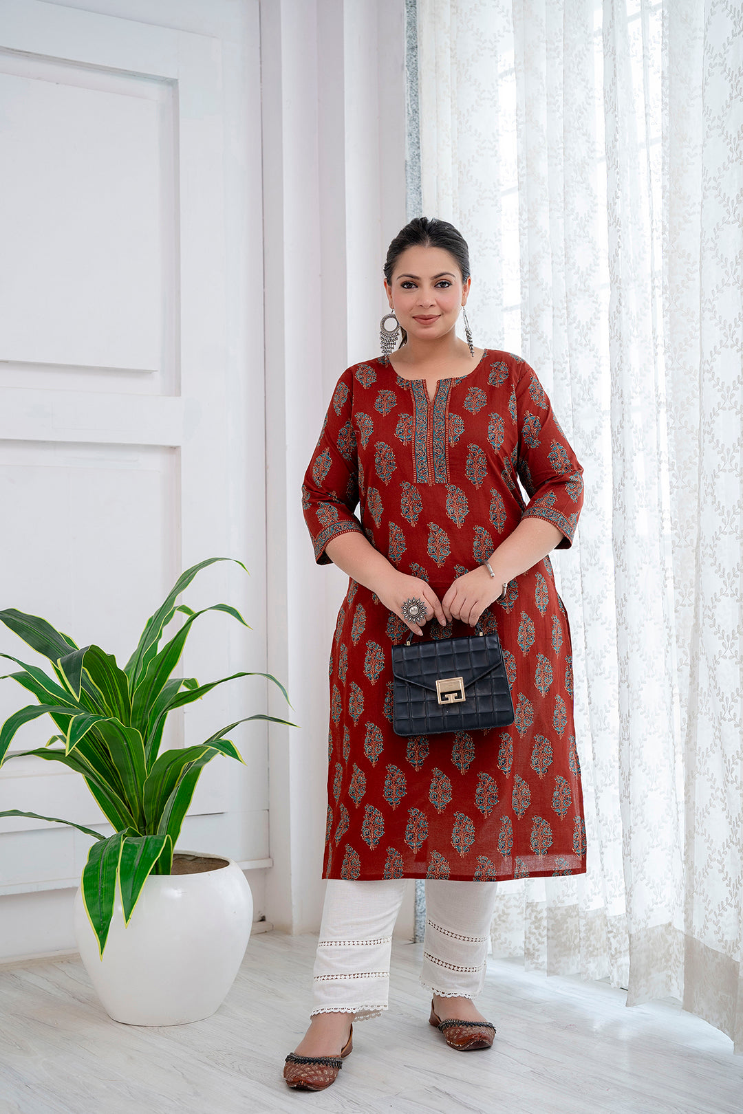 Plus Size Maroon Printed Straight Kurta For Women | LASVINI - Redefining Indian Fashion with Elegance