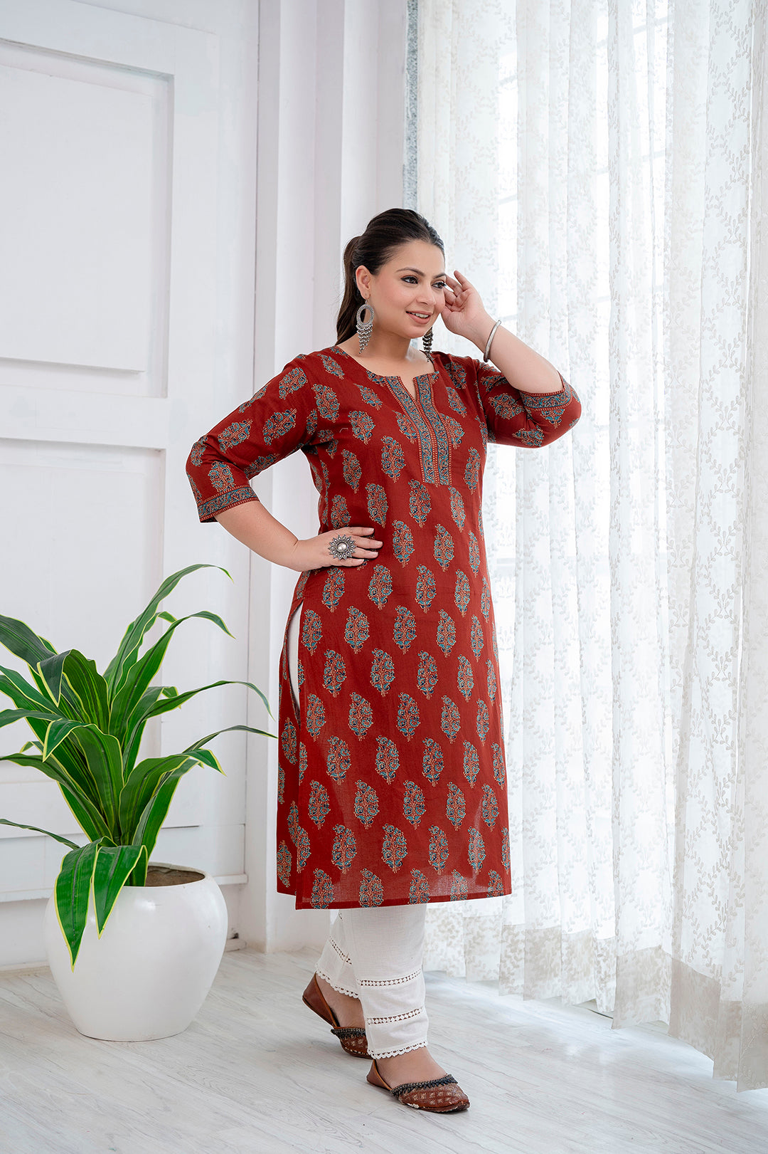 Plus Size Maroon Printed Straight Kurta For Women | LASVINI - Redefining Indian Fashion with Elegance