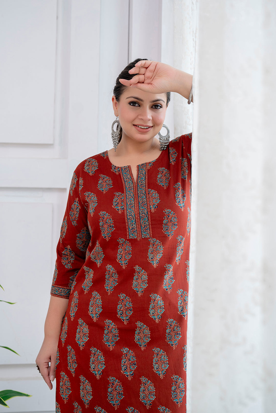 Plus Size Maroon Printed Straight Kurta For Women | LASVINI - Redefining Indian Fashion with Elegance