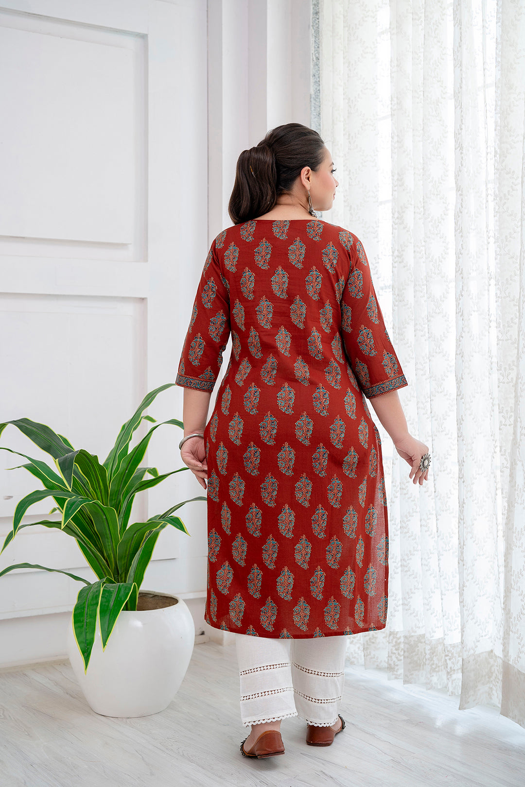 Plus Size Maroon Printed Straight Kurta For Women | LASVINI - Redefining Indian Fashion with Elegance