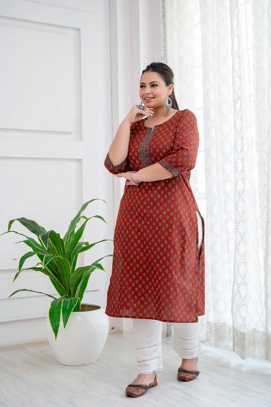 Plus Size Maroon Printed Straight Kurta For Women | LASVINI - Redefining Indian Fashion with Elegance