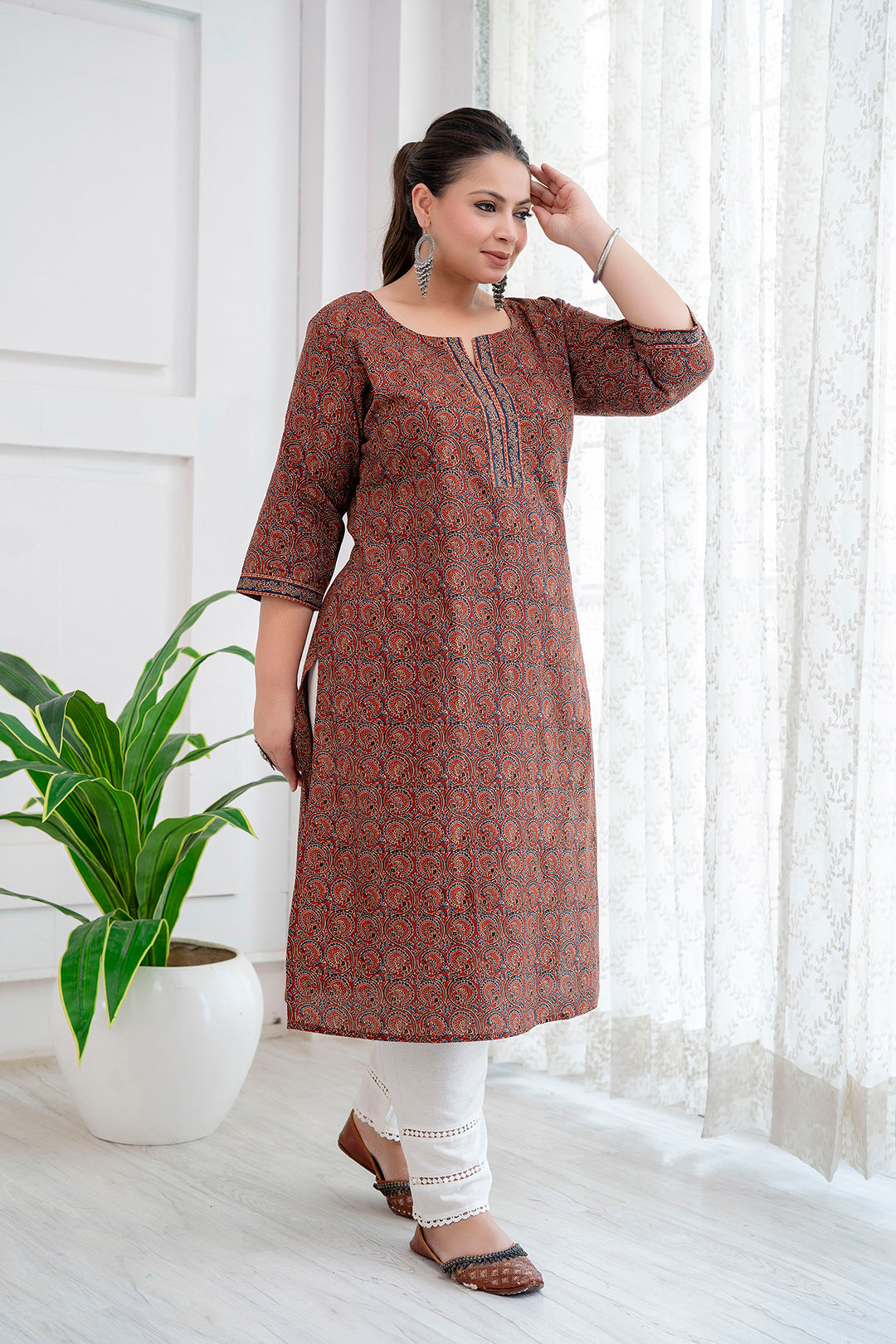 Plus Size Rust Printed Straight Kurta For Women | LASVINI - Redefining Indian Fashion with Elegance