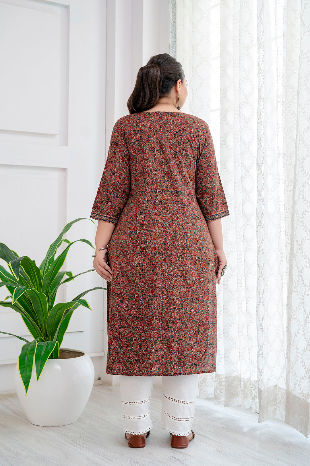 Plus Size Rust Printed Straight Kurta For Women | LASVINI - Redefining Indian Fashion with Elegance