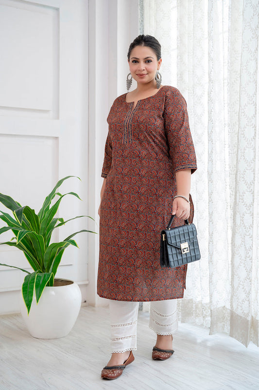 Plus Size Rust Printed Straight Kurta For Women | LASVINI - Redefining Indian Fashion with Elegance