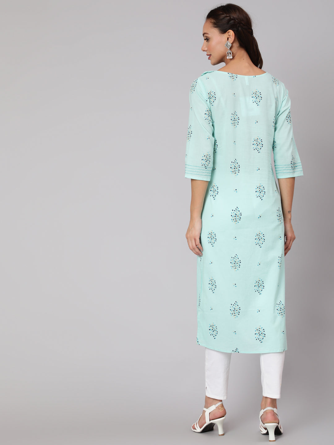 Women Powder Blue Calf Length Three-Quarter Sleeves Straight Floral Yoke Design Cotton Kurta | LASVINI - Redefining Indian Fashion with Elegance